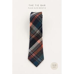 The Tie Bar Plaid Slim Cotton Necktie Blue Orange Made USA